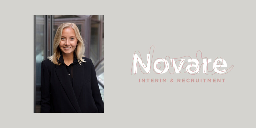 Kvinna ler framför byggnad; text: "Novare Interim & Recruitment".
