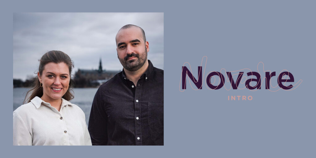 Två personer står utomhus, text: "Novare Intro".