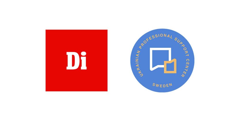 Röd rektangel med texten "Di". Blå cirkel med texten "UKRAINIAN PROFESSIONAL SUPPORT CENTER SWEDEN".