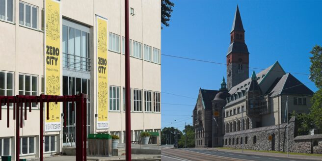 Byggnad visar två stora gula banderoller med texten "ZERO CITY".