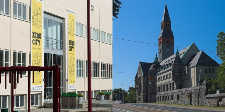 Byggnad visar två stora gula banderoller med texten "ZERO CITY".